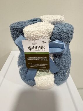 Home Collection White Blue Wash Cloths x 5 Embroidered Soap So Fresh So Clean